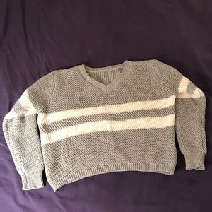 Gray and White V-Neck Sweater